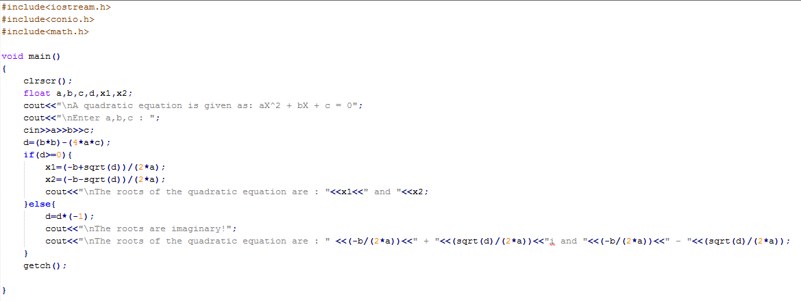 C++ program example-quadratic equation