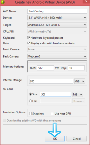Settings for New AVD